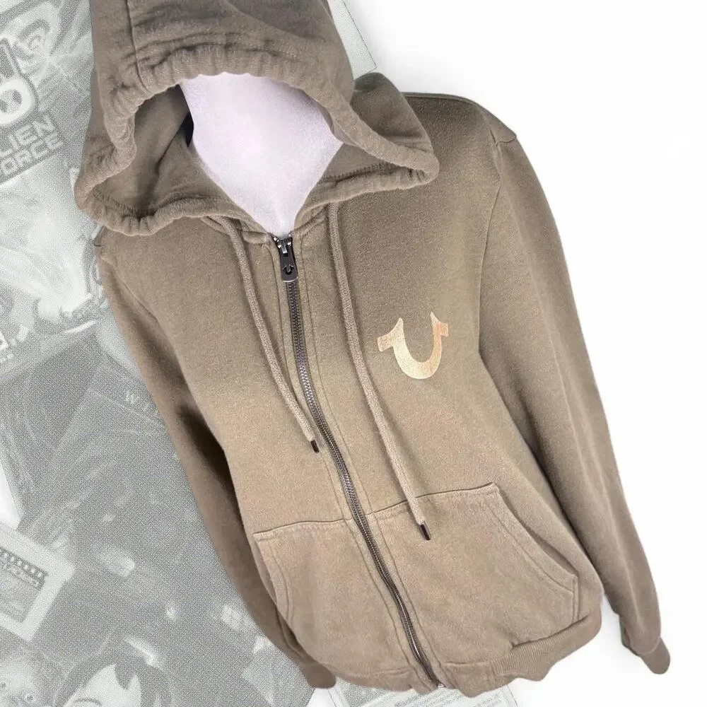 Y2k Brown Babydoll True Religion Zip Up Gemstone Graphic Hoodie